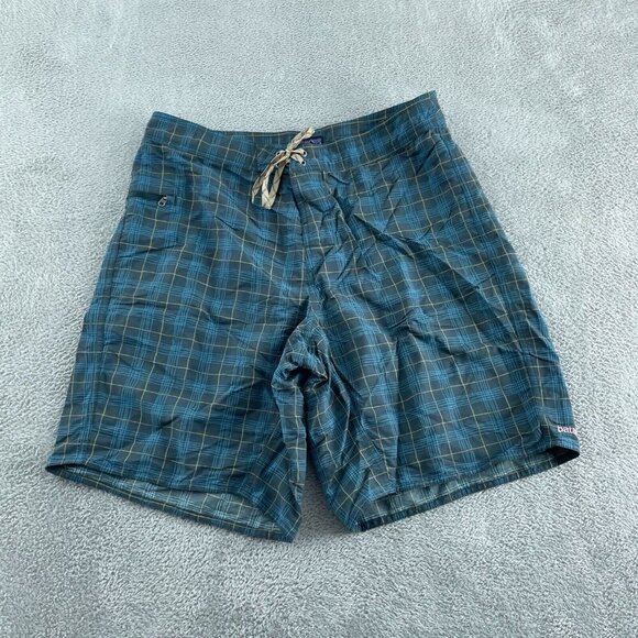Patagonia Other - Patagonia Mens Plaid Swim Shorts 35 Nylon Blue & Yellow Drawstring Waist 2569
